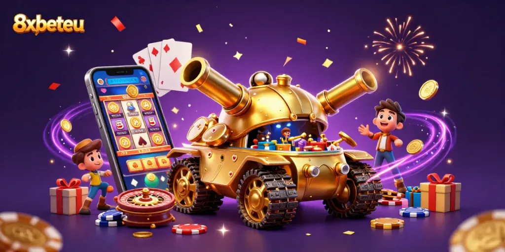 Experience thrilling gaming with 8xbeteu's energetic 3D casino illustration showcasing vibrant slot games.