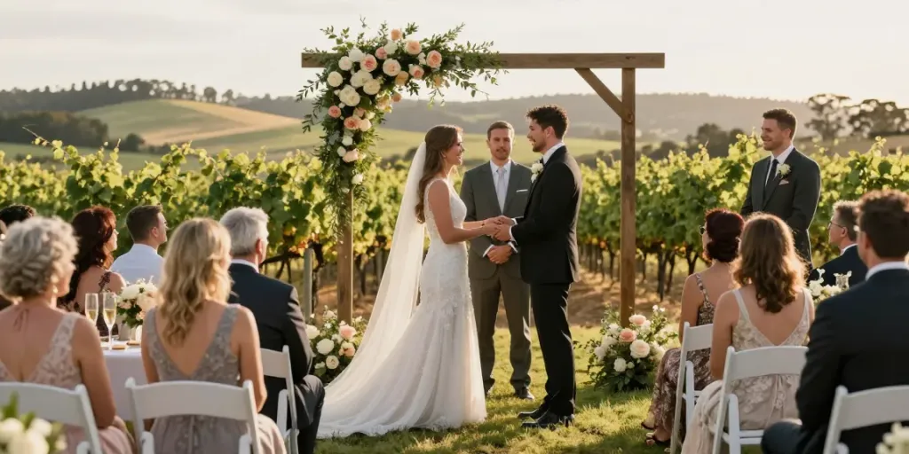 Couple in a vineyard wedding ceremony captured by Hunter Valley wedding photographers during golden hour.