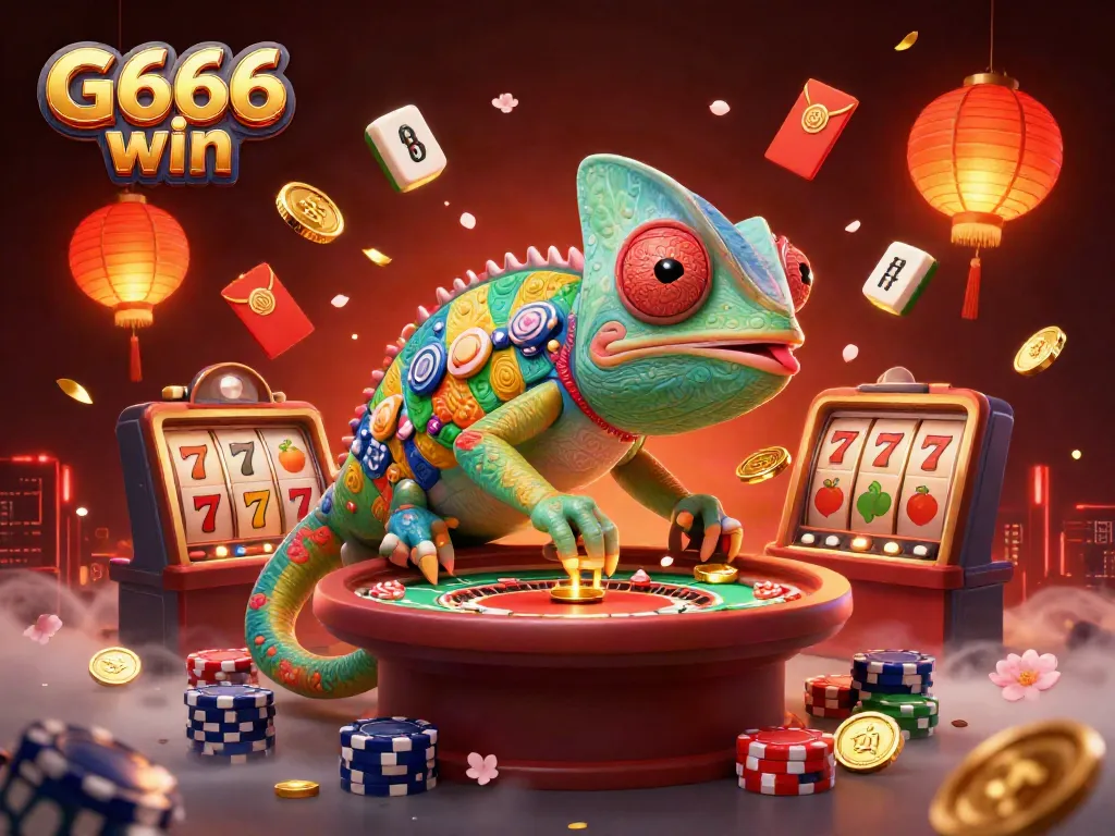Experience the excitement of G666 win, where a vibrant chameleon casino owner delights in golden coins.