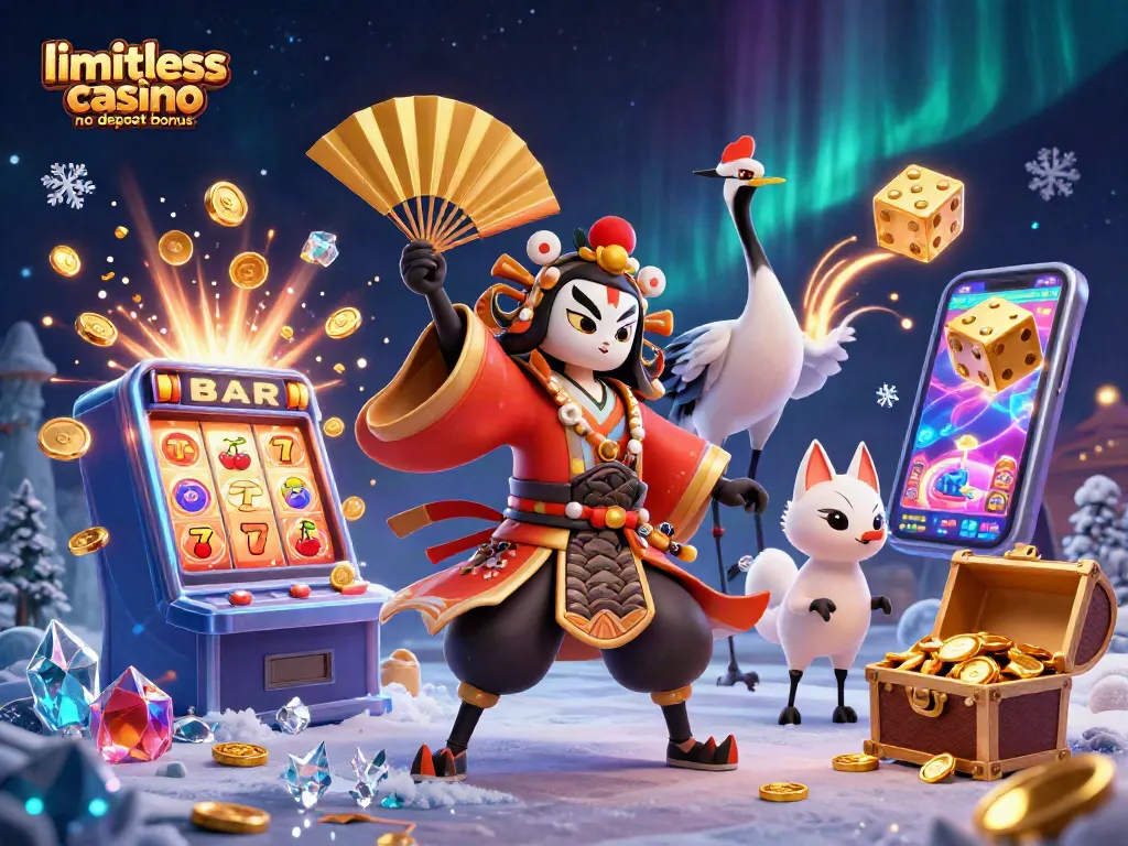 Experience the limitless casino no deposit bonus with a dynamic 3D illustration of a kabuki warrior amidst exciting casino elements.
