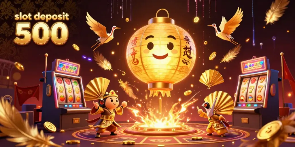 Experience the excitement of slot deposit 500 with a vibrant casino illustration showcasing a golden spirit and dynamic gaming elements.