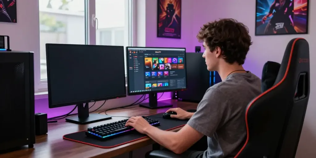 An immersive gaming scene showcasing a user engaged with SLOT777 online on a high-resolution monitor in a vibrant, LED-lit gaming setup.