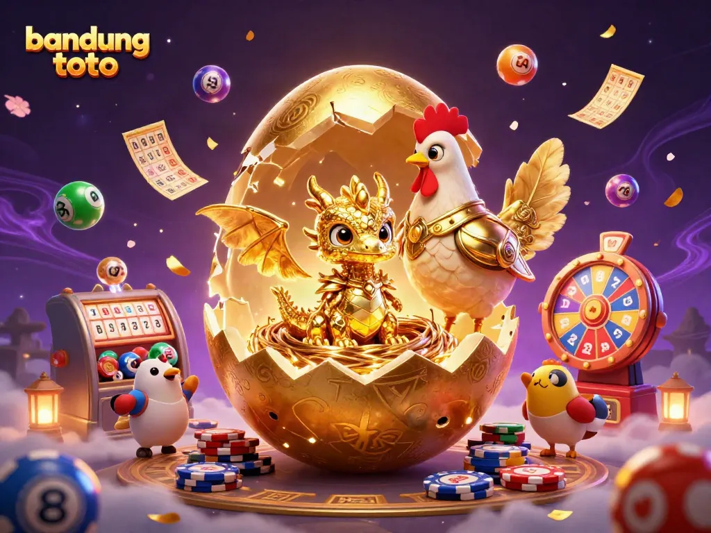 Engage in thrilling games at bandung toto with a vibrant scene featuring a golden baby dragon and colorful lotto balls.