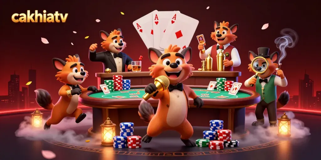 Cakhiatv's lively comedy casino scene with hyenas as engaging entertainers amidst rich gaming elements.