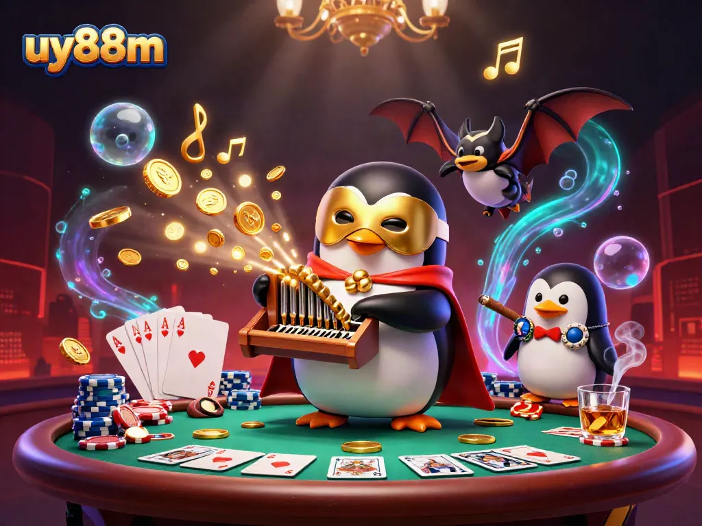 Experience uy88m as a cartoon penguin entertains with golden coins at a vibrant casino scene.