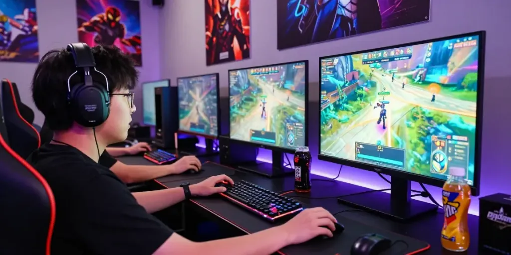 A passionate gamer immersed in bigdewa gameplay, surrounded by vibrant LED lights and gaming gear in a modern setting.