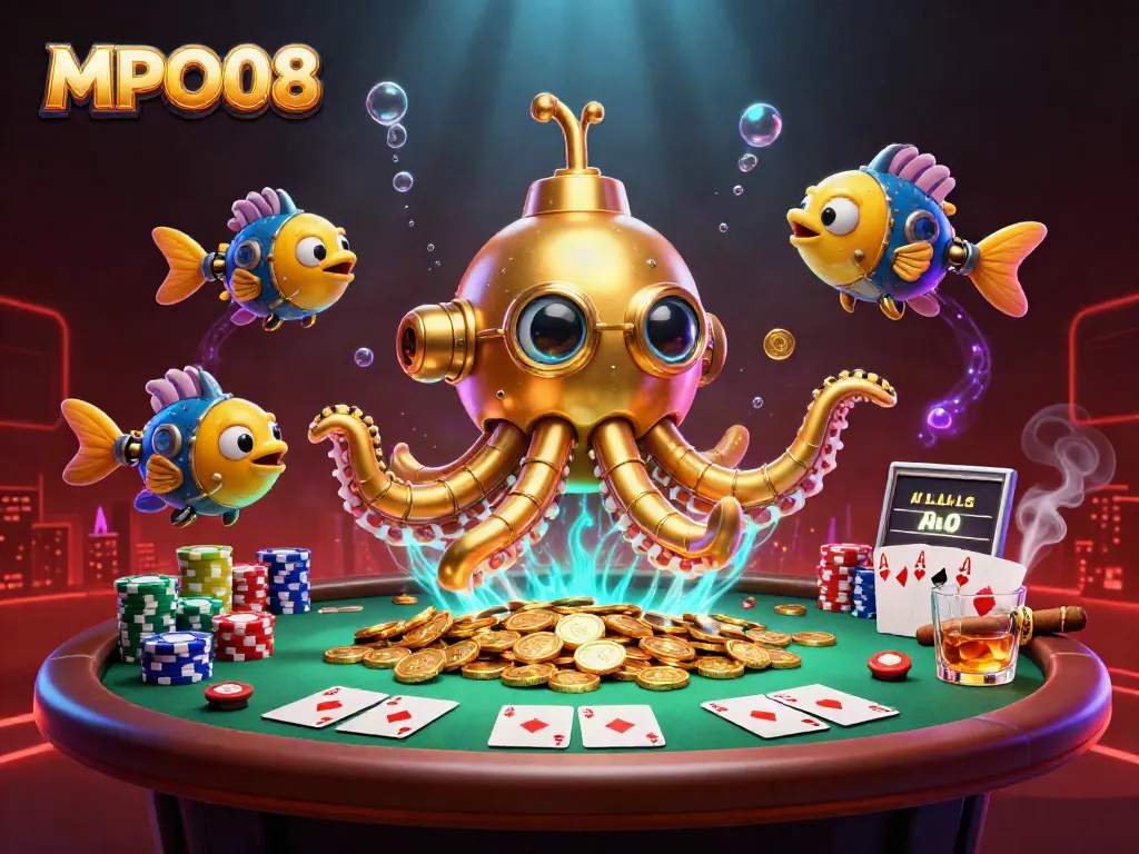 Experience thrilling gameplay with MPO08's vibrant illustration of a kraken submarine and poker scene.