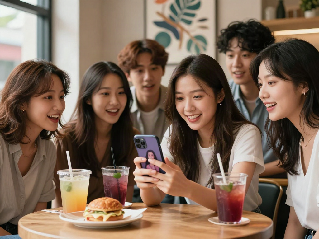 Young woman finding her celebrity look alike at a trendy cafe
