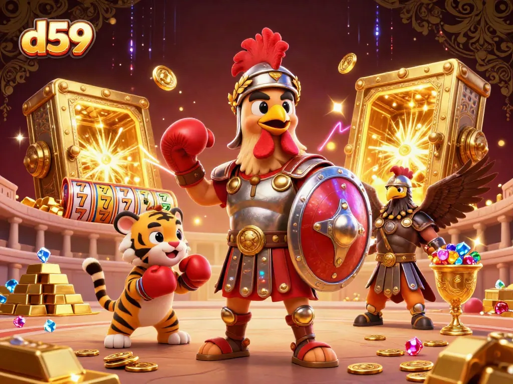 Experience the thrill of d59 slot gaming with a colorful 3D illustration of gladiators in a vibrant arena.