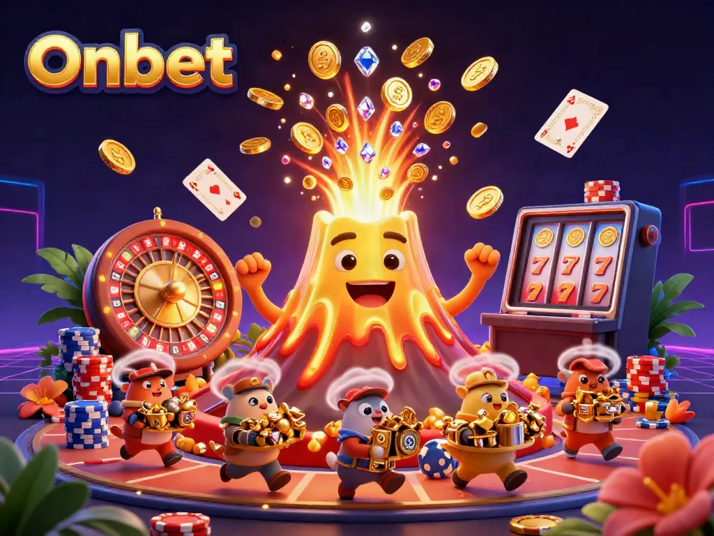 Experience the thrill of Onbet with a vibrant 3D casino scene featuring a golden volcano and treasures.