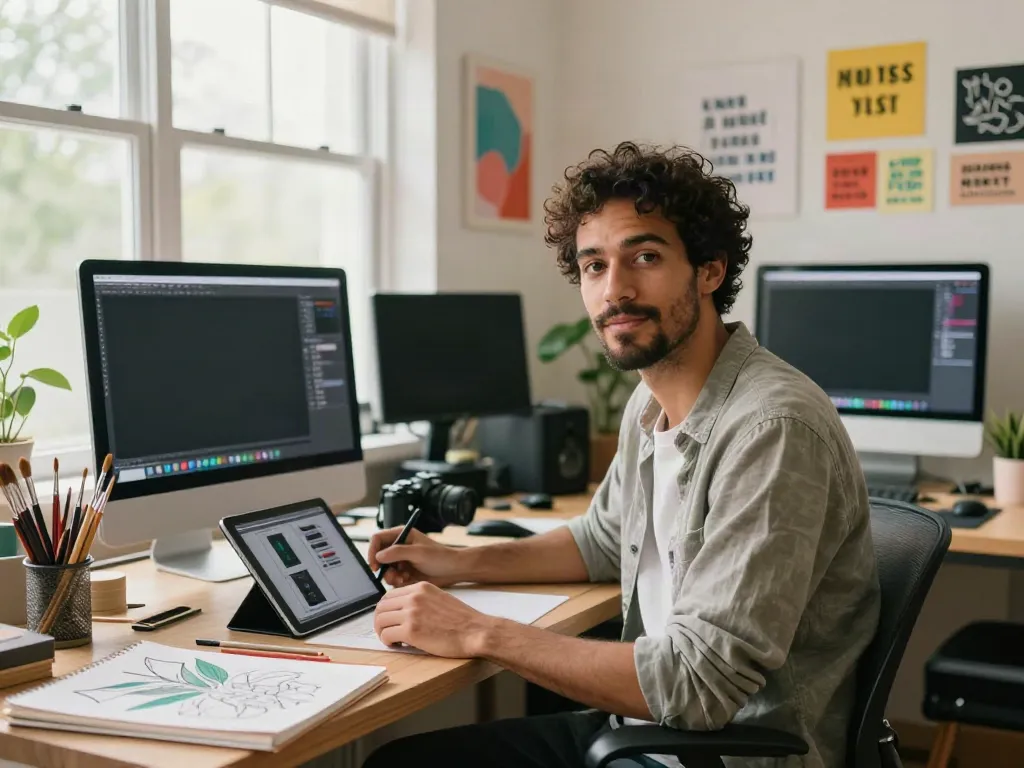 Creative workspace showcasing Roma Army OnlyFans content creation with vibrant artwork and digital analytics.