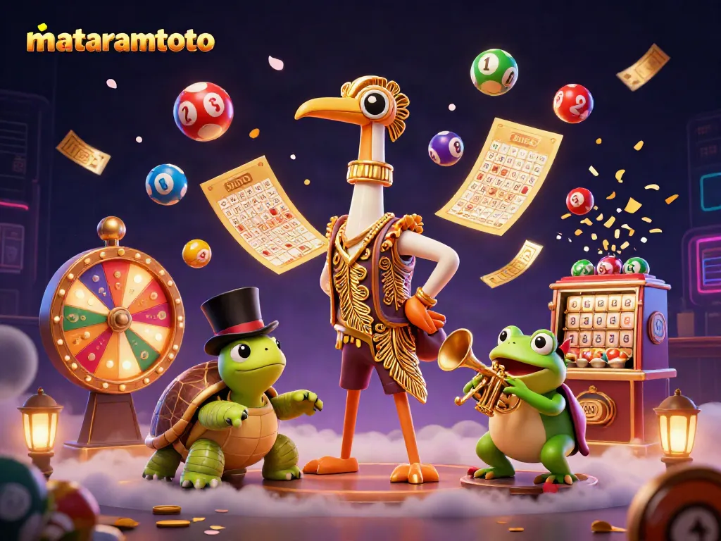 Experience the excitement of mataramtoto with vibrant lottery symbols and lively characters in a thrilling casino atmosphere.
