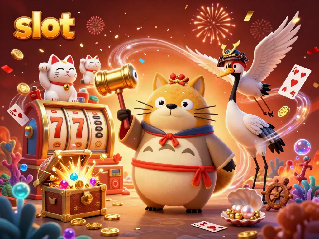 Engage with thrilling slot gameplay featuring a cheerful tanuki in a vibrant casino scene.