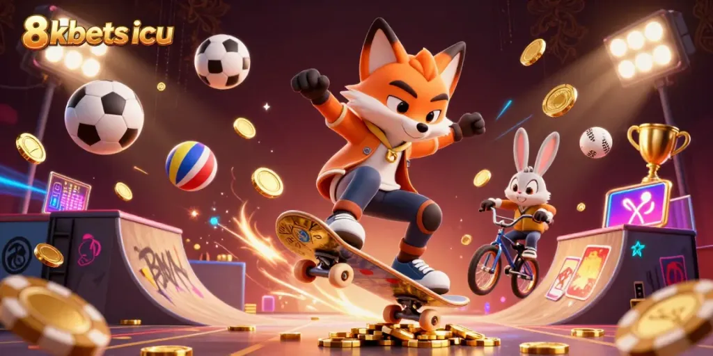 Experience thrilling moments with 8xbets icu, featuring dynamic cartoon characters in a vivid casino scene.