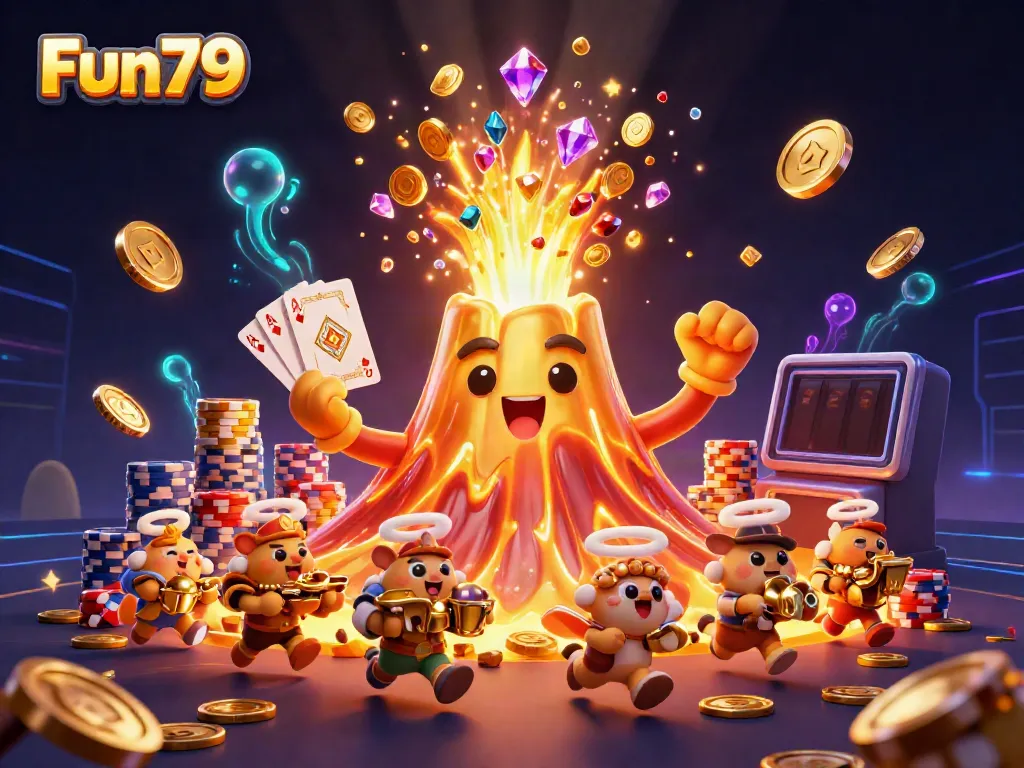 Experience the excitement of Fun79 with a vibrant 3D scene filled with golden coins and games.