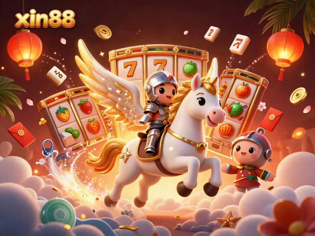 Experience the excitement of xin88 with a vibrant 3D illustration featuring a celestial horse and themed slots.