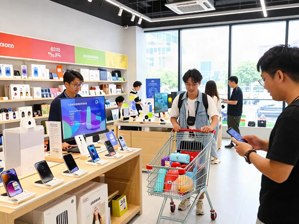 Engaged shopper exploring diverse products at sanumstore in a vibrant retail environment.