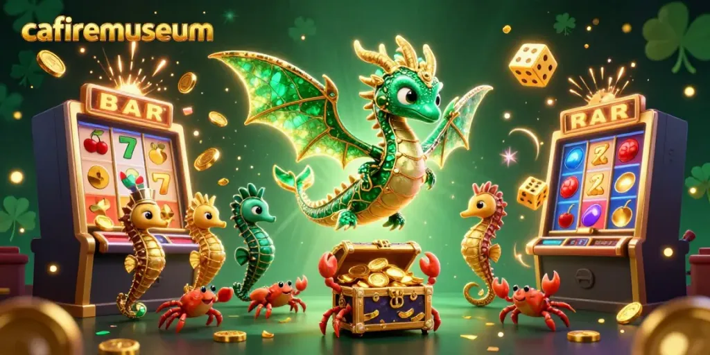 Engage with the immersive gaming world of cafiremuseum, featuring a dragon and gold-filled slot machines.