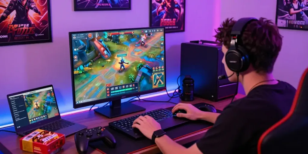 Engaging gaming scene with user playing QQMacan on a high-end laptop, surrounded by gaming accessories.
