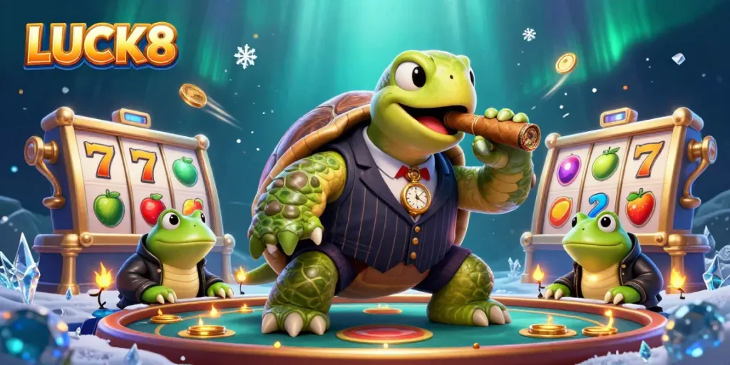 LUCK8 showcases a vibrant 3D casino scene with a whimsical turtle mobster and lucky symbols