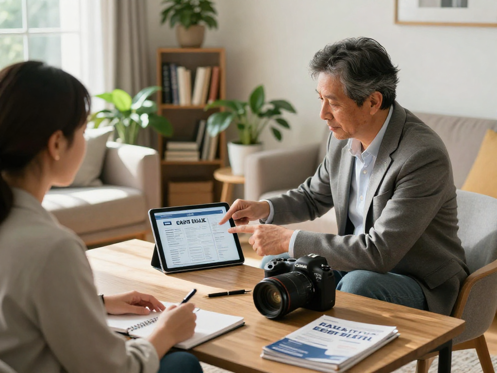 Consultation on credit consolidation in a welcoming living room, showing advisor and client engaged in discussion.
