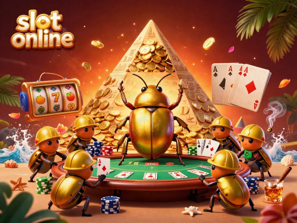 Engage in slot online fun with a golden beetle pushing a treasure of coins amidst exciting casino elements.