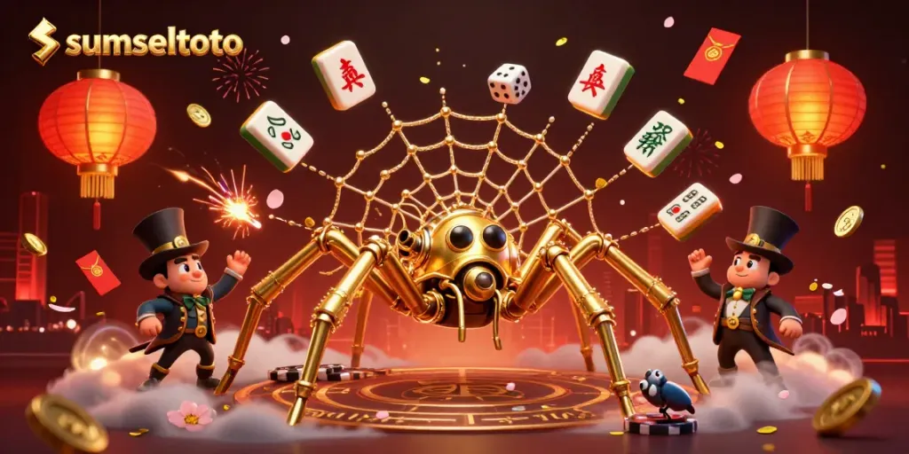 Experience thrilling wins with Sumseltoto, featuring steampunk spider traps and vibrant casino elements.