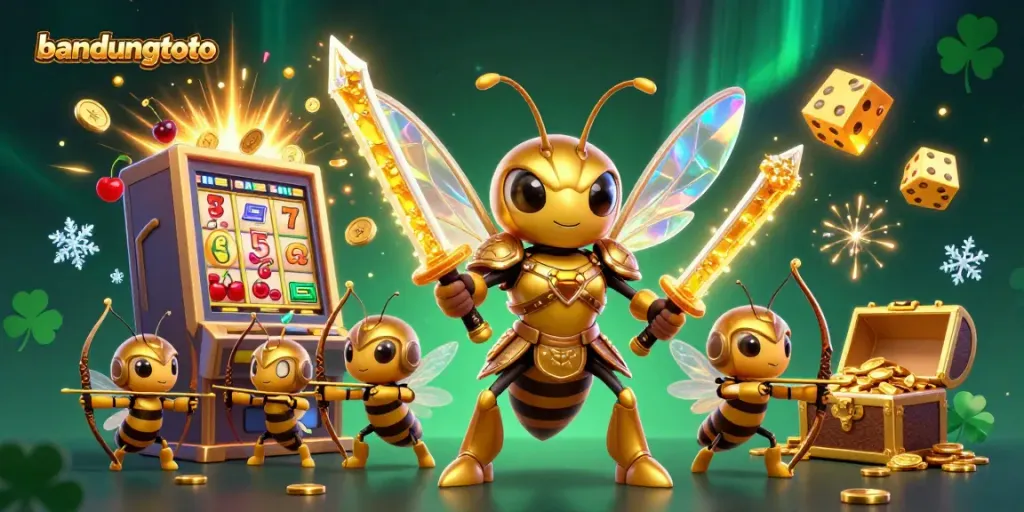 Experience the thrill of winning on bandungtoto with a dynamic scene featuring slot machines and unique characters.