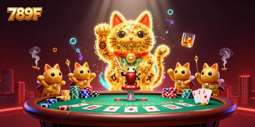Experience the vibrant 789F casino scene with golden fireflies, poker elements, and dynamic casino symbols.
