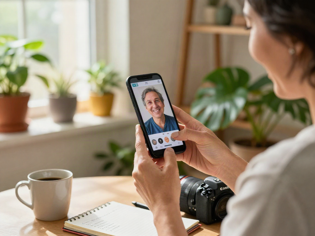 Person analyzing how old do I look using a smartphone in a cozy home environment.