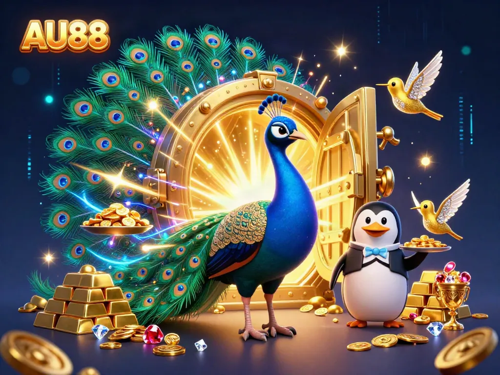 Experience the grandeur of AU88 with vibrant casino elements and dazzling characters in this rich 3D illustration.