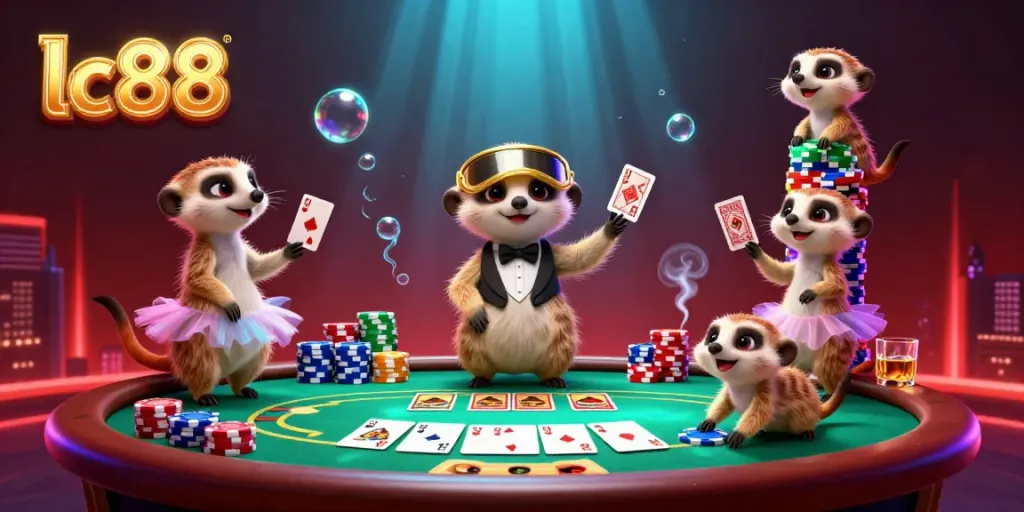 Experience the vibrant casino scene with lc88's meerkats managing poker games and chips.
