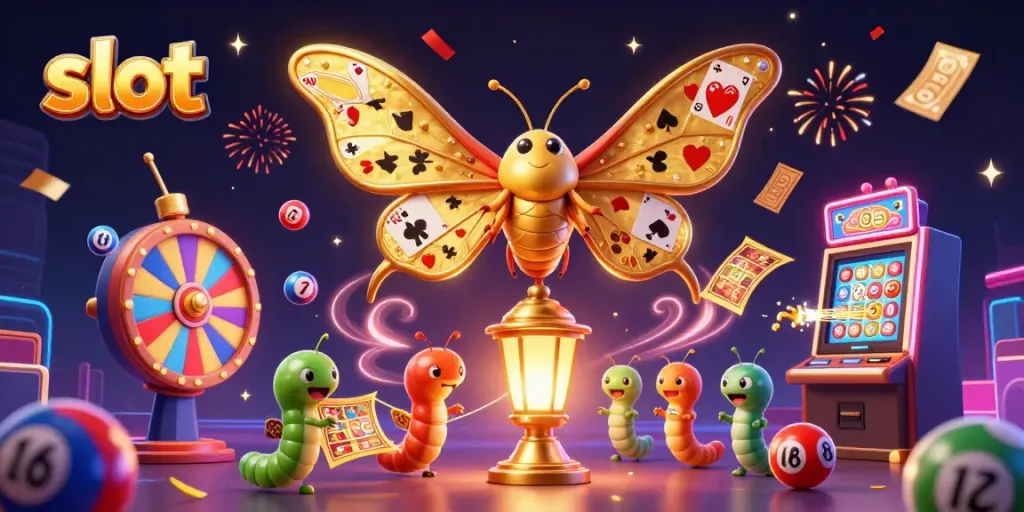 Experience thrilling slot action with a vibrant 3D scene featuring an atlas moth and colorful casino elements.