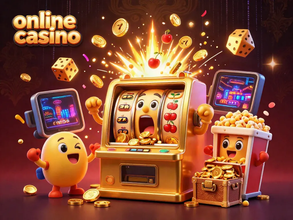 Explore a vibrant scene of a golden slot machine celebrating a jackpot in this lively online casino illustration.