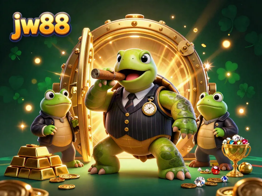 Engage in thrilling casino action at jw88 with cartoon turtle mobsters amidst treasure and gems.