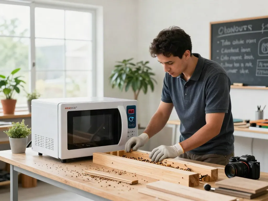 SHASHEL® microwave equipment in action eliminating wood-boring insects in a modern workshop.