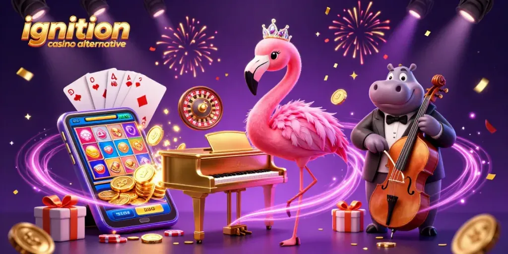 Experience the ignition casino alternative with vibrant characters and casino elements in a lively scene.