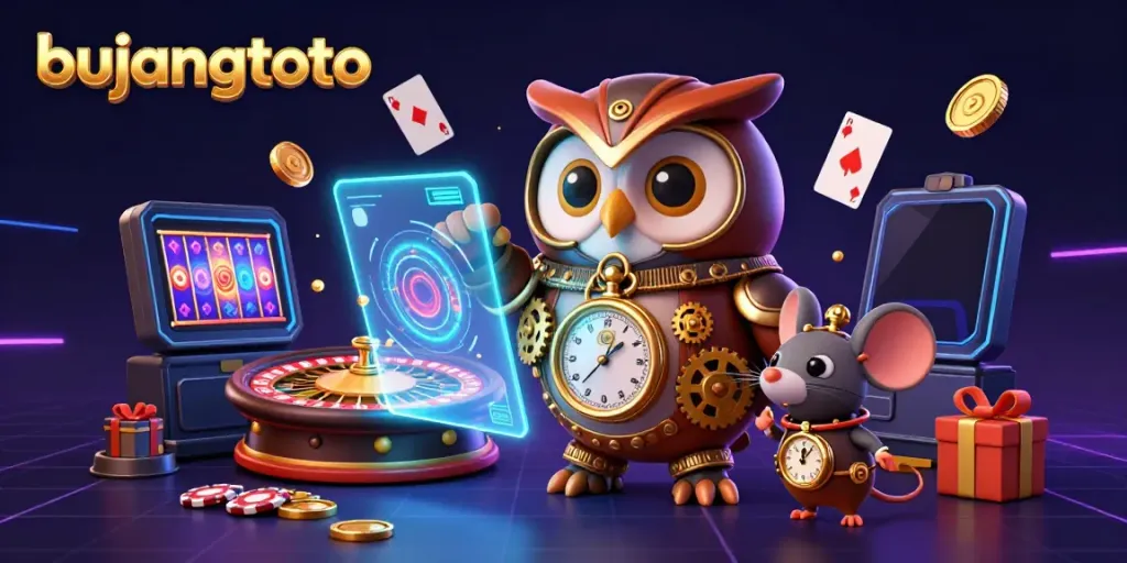 Engage with bujangtoto's vibrant 3D casino scene featuring time-traveler owl and steampunk elements.