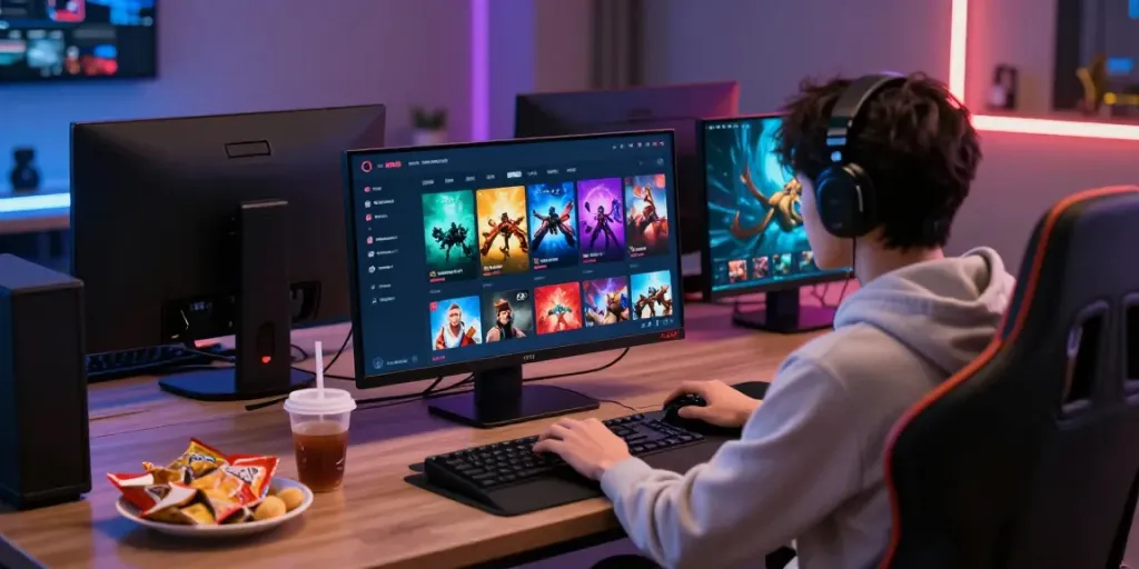 Player exploring luxury12 online gaming platform with vibrant interface and ambient lighting.