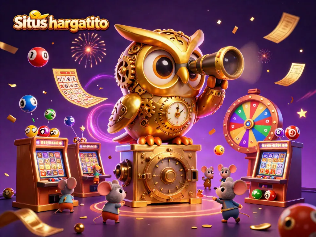 Engage with situs hargatoto as the clockwork owl oversees a lively casino scene filled with vibrant elements.