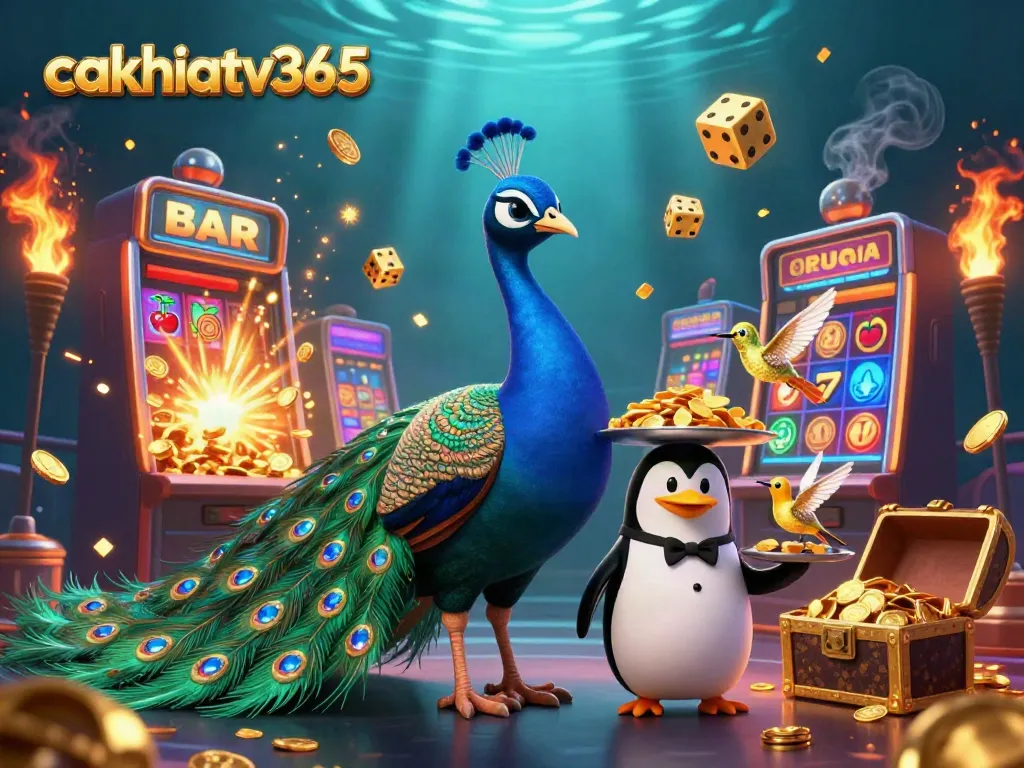 Cakhiatv365 showcases a vibrant casino scene with a peacock, penguin, and hummingbird celebrating a jackpot