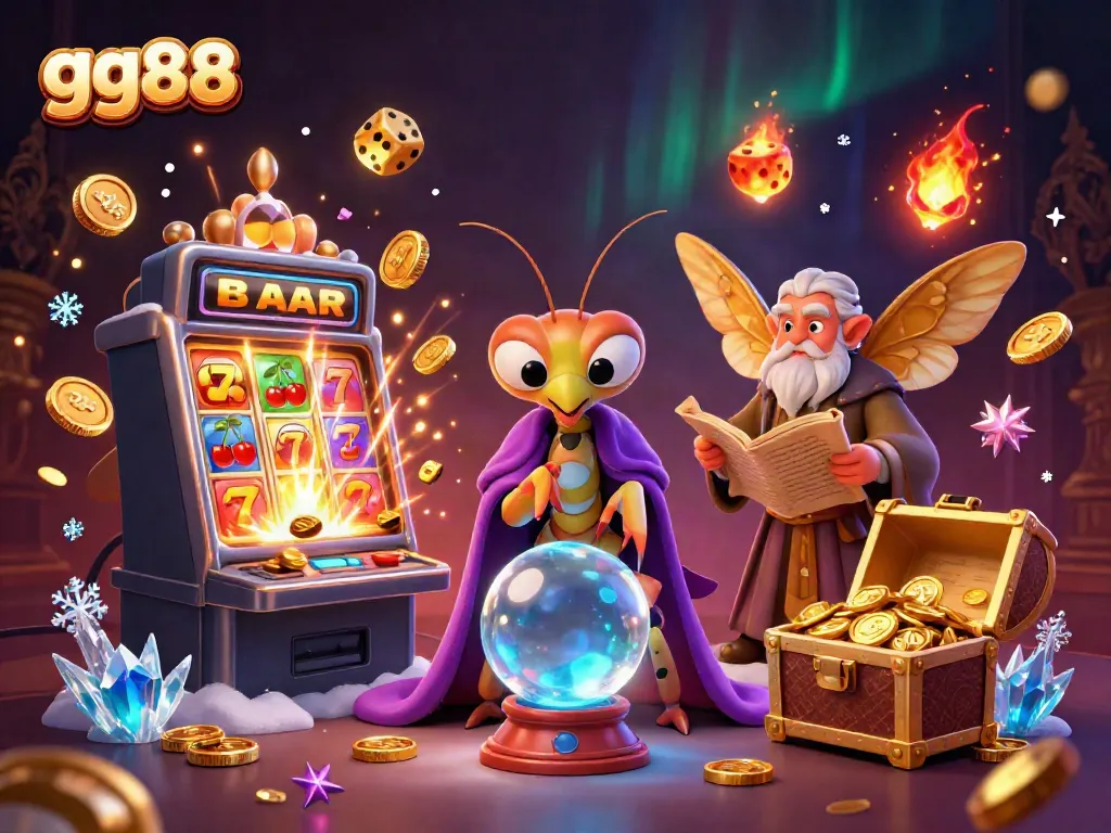 Engage with gg88's vibrant 3D cartoon scene showcasing fortune tellers and slot machines.