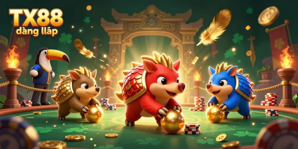 Engage with TX88 đăng nhập featuring dynamic pangolins bowling through poker chips in a vibrant casino scene.