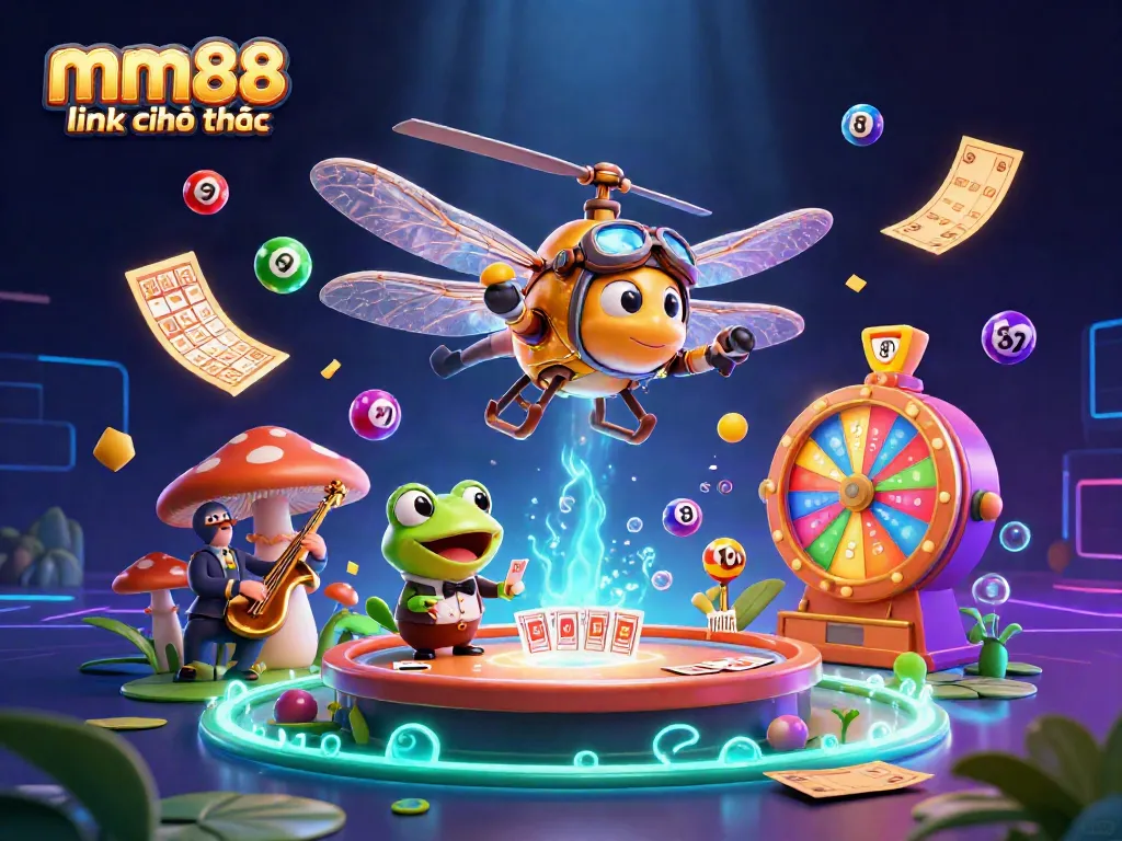 Engage with colorful mm88 link chính thức casino scene featuring dynamic characters, lottery elements, and vibrant energy.