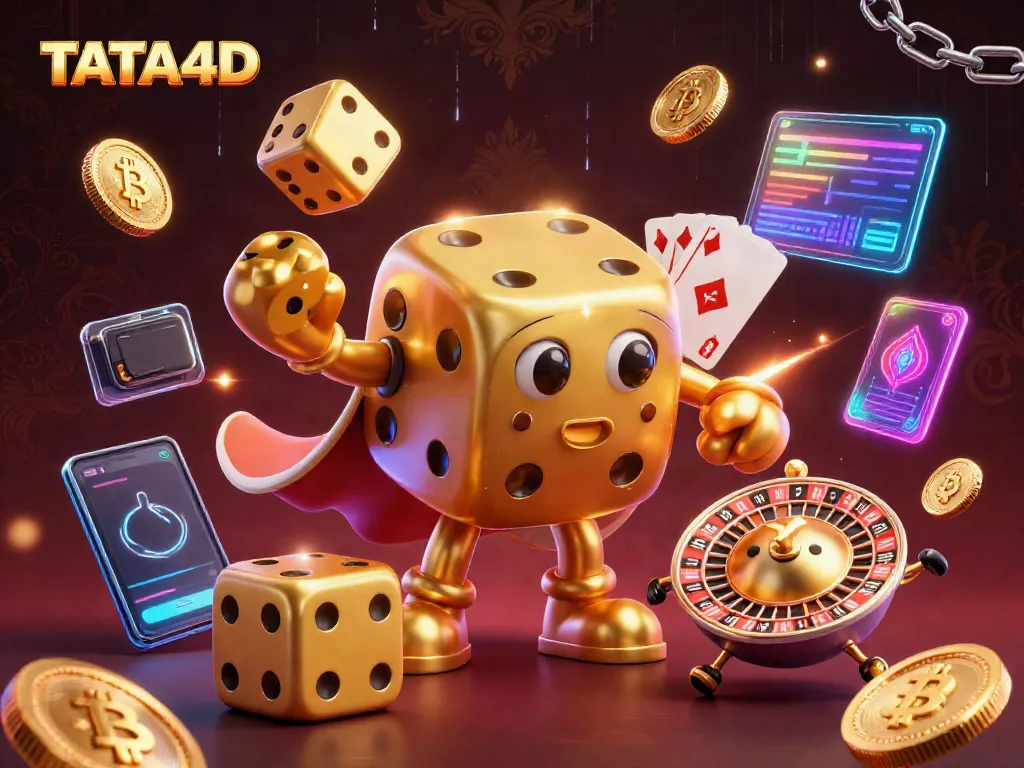 Engage in dynamic play at TATA4D with a vibrant 3D illustration of a golden dice golem and crypto elements.