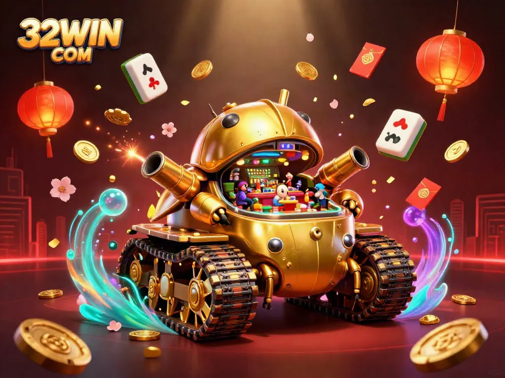 Experience the excitement of 32WIN COM with a stunning 3D casino scene filled with golden rewards and festive elements.