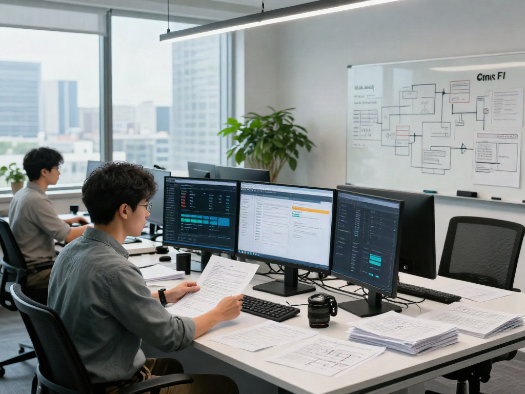 Document fraud detection software in use by a data analyst in a high-tech office environment.