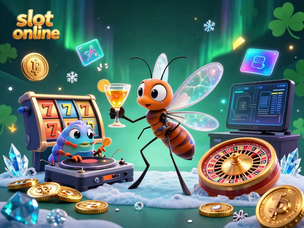 Engage with slot online: a vibrant 3D scene of a mosquito mascot and trilobite DJ amid lively casino elements.