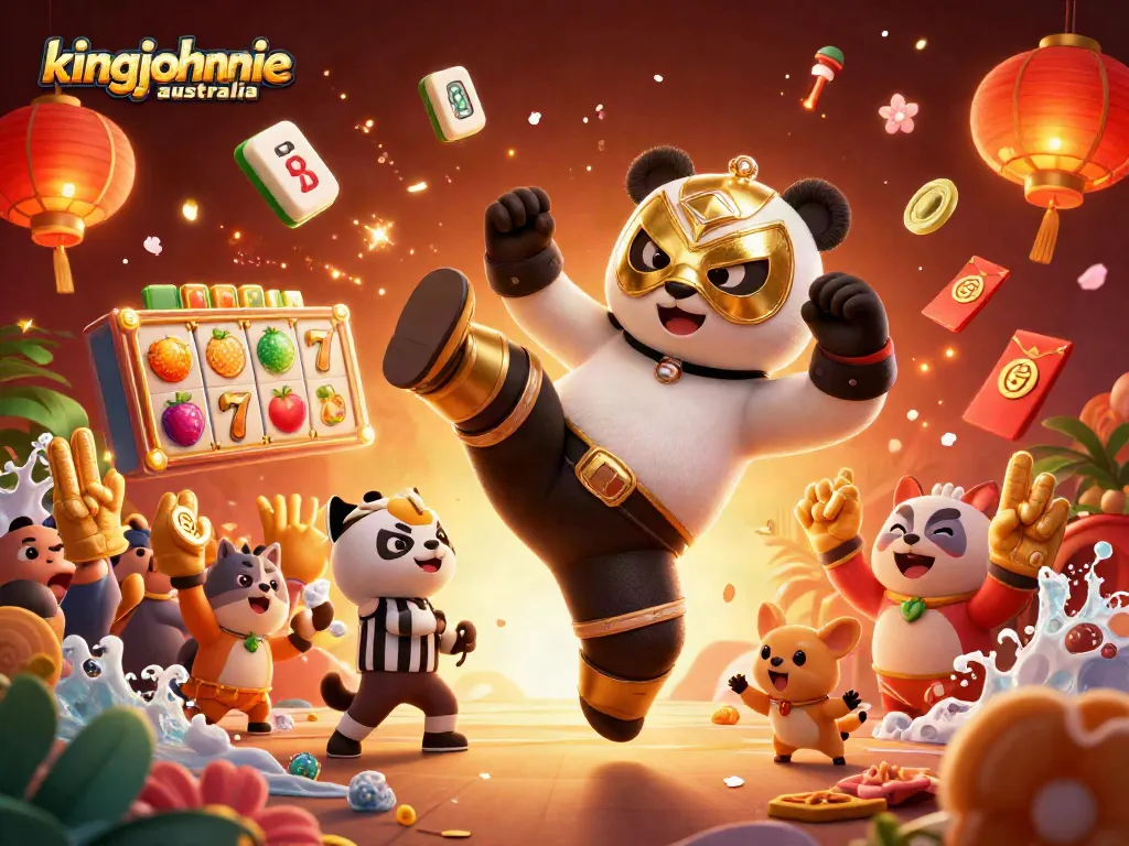 Engage with kingjohnnie australia in a lively casino scene featuring a wrestler panda and animal spectators.