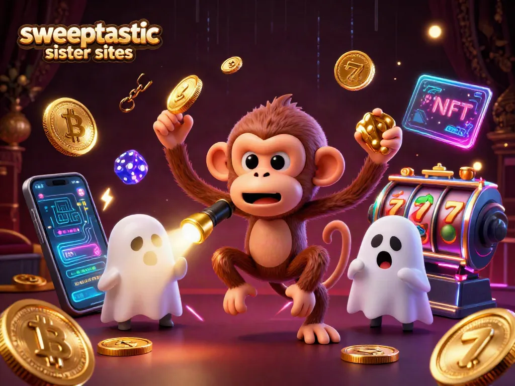 Engage with Sweeptastic sister sites as a poltergeist monkey juggles gold coins in a haunted casino.